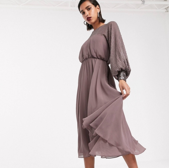ASOS midi dress with bead embellishments in mauve - Picture 4 of 7